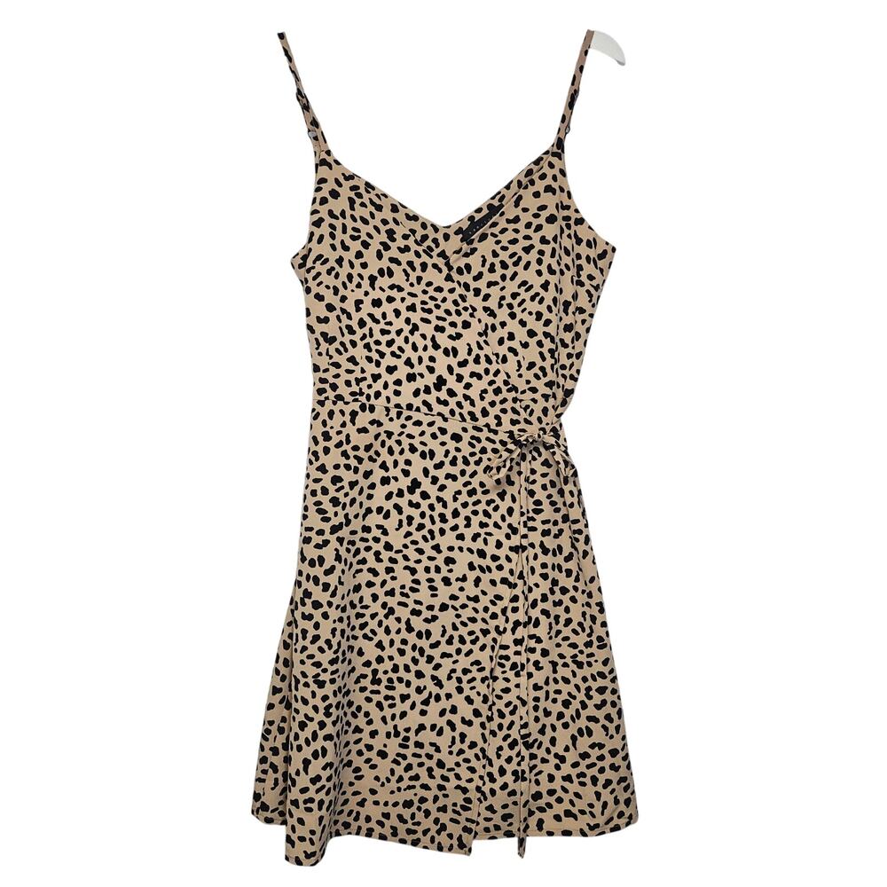 Sanctuary Animal Print Wrap Mini Dress M Tan Black Cheetah Leopard V-Neck
